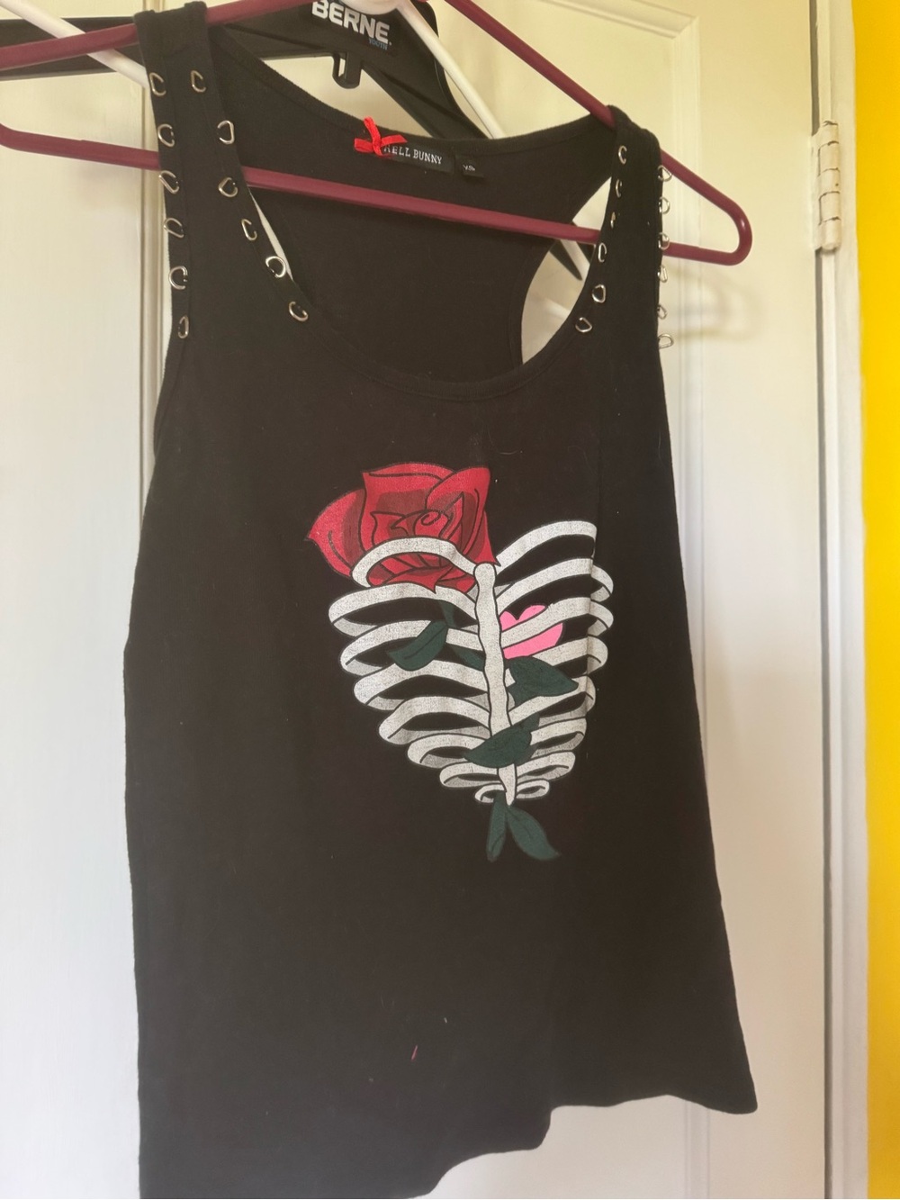 Black Graphic Tank with Rose & Ribcage hellbunny bra